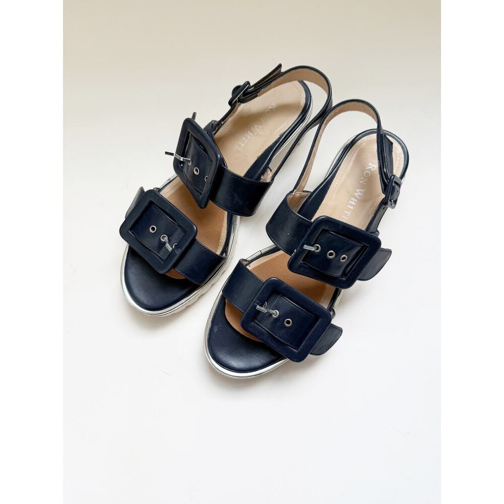 RON WHITE Callie Slingback Leather Sandal French Navy and White 37.5